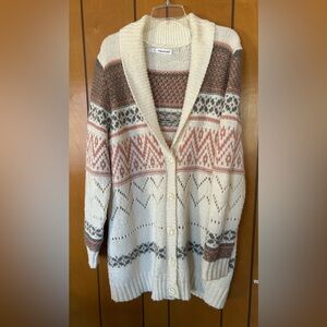 Maurices Cream, Pink, and Brown Patterned Cardigan